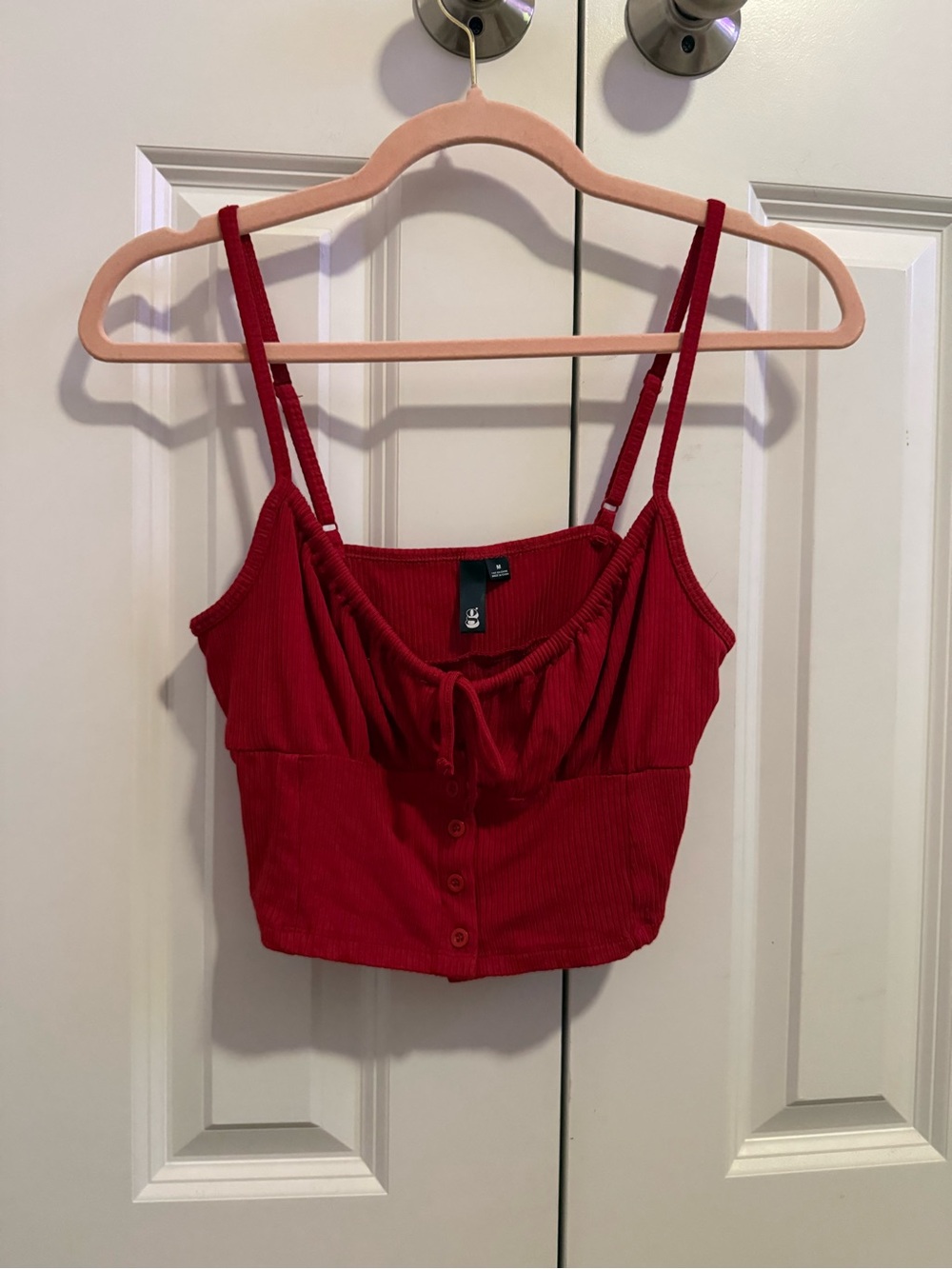 Ribbed Red Button-Front Cropped Tank Top